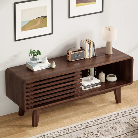 Farini TV Stand for TV up to 59", Entertainment Center with Storage and Sliding Door, Walnut