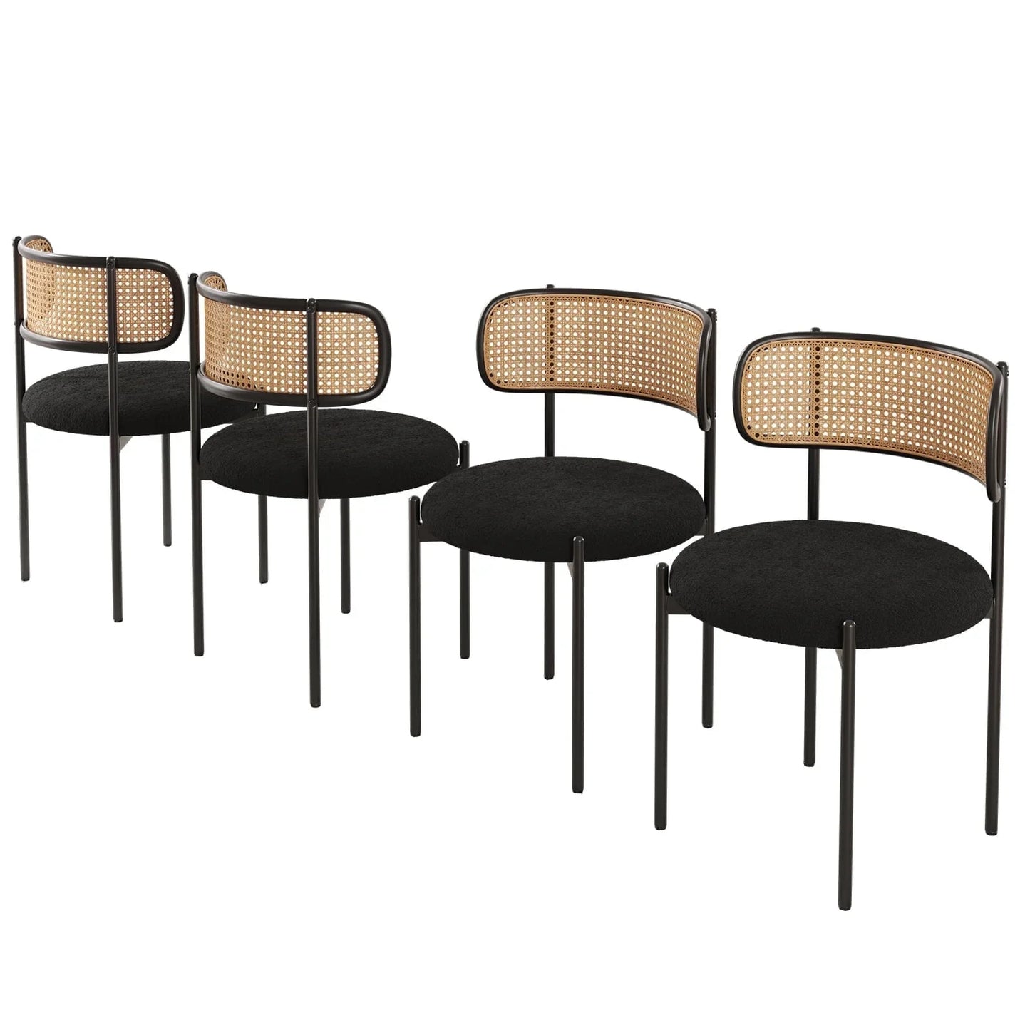 Farini Upholstered Dining Chair Set of 4, Rattan Backrest Kitchen Chair, Black