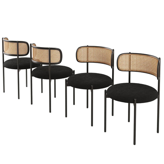 Farini Upholstered Dining Chair Set of 4, Rattan Backrest Kitchen Chair, Black