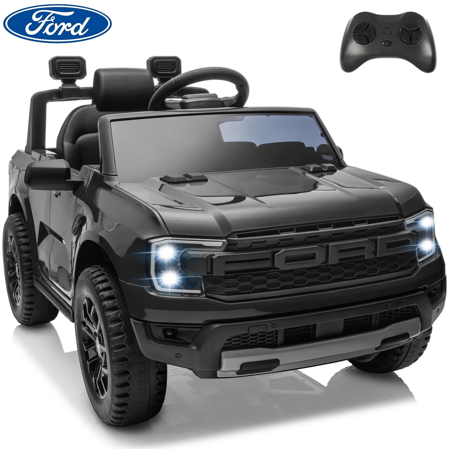 Ford Ranger Raptor Ride on Cars for Kids, 12V Powered Ride on Truck Toys with Remote Control, Play, LED Lights, Safety Belt, 4 Wheels Suspension Electric Cars for 3-5 Years Boy Girl, Black