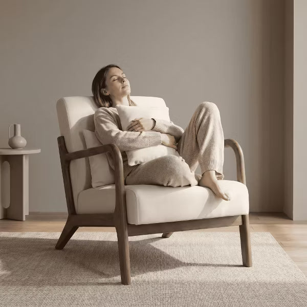 Mid Century Modern Accent Chair with Wood Frame, Upholstered Living Room Chairs with Waist Cushion, Reading Armchair for Bedroom Sunroom