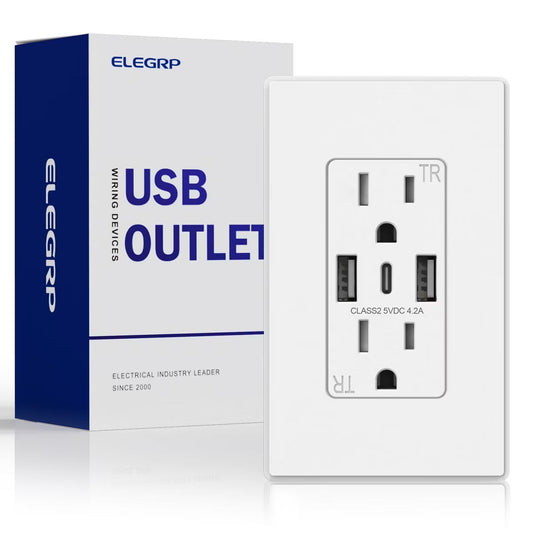 ELEGRP 3 Ports Dual Type A & Type C USB Charger Wall Outlet, 15 Amp Tamper-Resistant Outlet, with Wall Plate, White(1 Pack)
