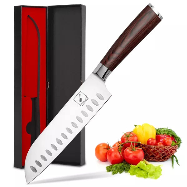 imarku Santoku Knife 7 inch Kitchen Knife Ultra Sharp Asian Knife, German HC Stainless Steel 7Cr17Mov, Ergonomic Pakkawood Handle, Red