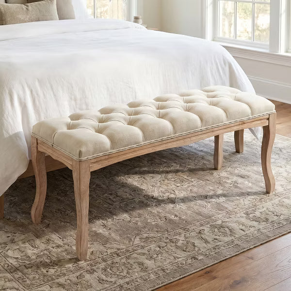 43.3" French Vintage Tufted Bedroom Bench, Upholstered Bed Bench with Carved Distressed Wood Legs, Linen Ottoman for Living Room & Foyer, Beige