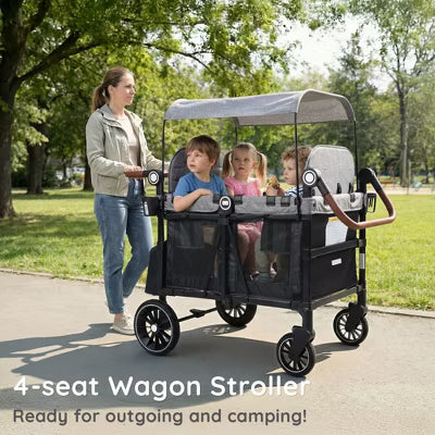 TODECARE 4-Seat Foldable Wagon Stroller with Harnesses, Adjustable Double Push Handle, Canopy, Snack Tray & Storage Bag, Black & Gray