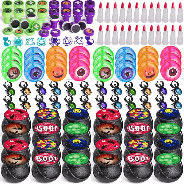 Fun Little Toys 144pcs Prefilled Cauldrons with Halloween Toy Witch Fingers Rings Stickers Stamps Bouncy Balls, Bulk Mini Cauldrons Gifts