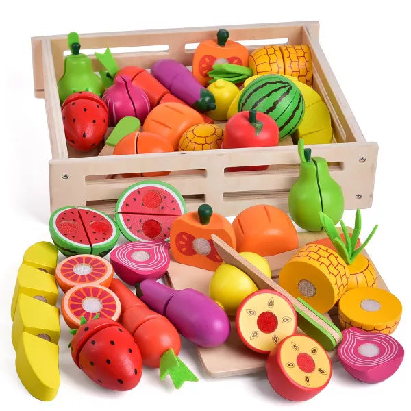 Fun Little Toys 35 PCS Wooden Cutting Food Set, Pretend Play Kitchen Accessories for Kids