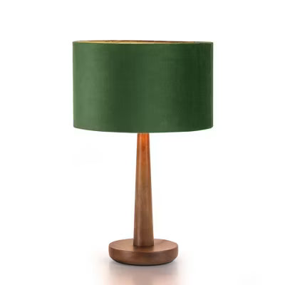 18.5" Walnut Tapered Wood Table Lamp with Green Velvet Drum Shade for Bedside, Living Room, Reading Corner, Caf, Guest Lounge, or Hotel Room