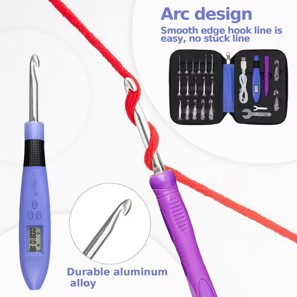 Zcvtbye Rechargeable Lighted Crochet Hook Set with Stitch Counter, 18 Interchangeable Metal Heads, Ergonomic Handle – Gift for Knitters