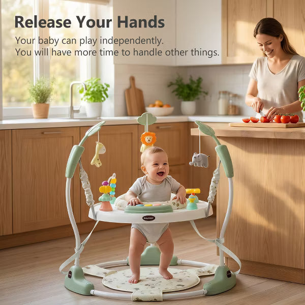 TODECARE 3-in-1 Baby Activity Jumper – 360 Rotating Seat, 3-Level Adjustable Height, Interactive Toys, Removable Foot Mat, Green