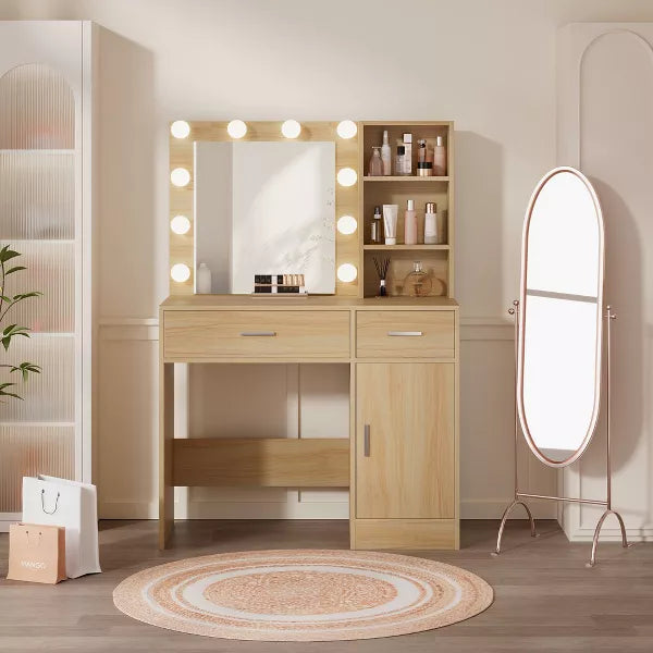 Vanity Desk Table with Mirror, Power Outlet and 10 Lights, Makeup Table with 3 Drawers,3 Color Modes Available for Bedroom-HYLEORY