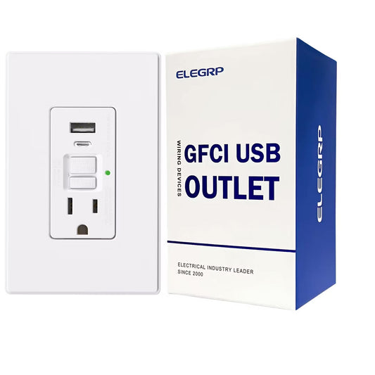 ELEGRP 15 Amp GFCI Outlet & 24W In-Wall USB Charger combo Receptacle Type A & Type C, w/Midsize Screwless Wall Plate, UL & CUL Listed, White, 1 pack