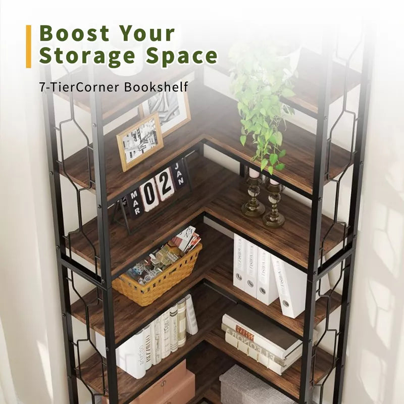 Lirago,23.62"L*23.62"W*78.74"H, 7-Tier Industrial Corner Bookshelf - Hexagonal Metal Frame Etagere with Side Rails