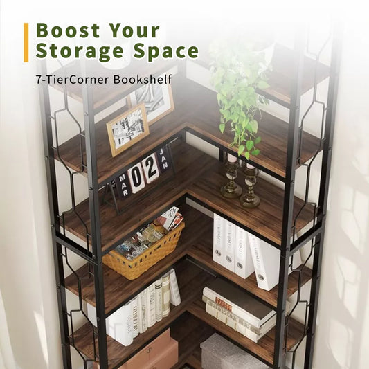 Lirago,23.62"L*23.62"W*78.74"H, 7-Tier Industrial Corner Bookshelf - Hexagonal Metal Frame Etagere with Side Rails