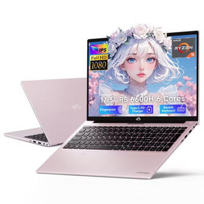 NIMO 17.3" IPS FHD Gaming Laptop, AMD Ryzen 5 32GB DDR5 RAM 1TB SSD Radeon 660M 4.5GHz PD 100W Type-C Backlit Keyboard Win 11 Rose Gold