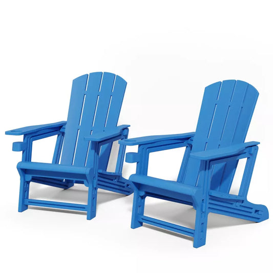 GlasFlength Folding Adirondack Patio Seating Sets, 2PCS with Cup Holder, Suitable for Indoor, Outdoor, Garden, or Backyard，Blue, 31.4"*29.6"*36.4"