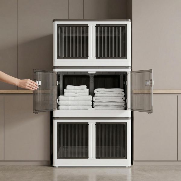 4 Tier Stackable Storage Cabinet with Doors & Wheels, Foldable Organizer for Bedroom, Living Room & Closet, White