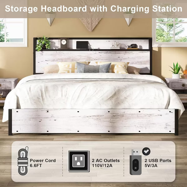AMERLIFE Lift Up Storage Bed Frame with Lifting Storage & Charging Station