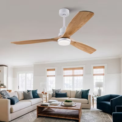 60 Inch Solid Wood Ceiling Fan With Remote And LED Light, Modern Farmhouse Ceiling Fan With Reversible DC Motor For Indoor Or Outdoor Use