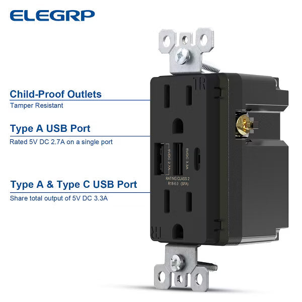 ELEGRP 30-Watt 15 Amp 3-Port Type C and Dual Type A USB Duplex USB Wall Outlet, Wall Plate Included