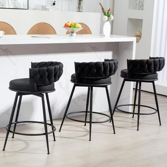 DYHOME 24 inch Bar Stools Set of 3, Modern Counter Height Bar Stools, 360 Swivel Suede Fabric Stool Chairs with Woven Back and Footrest
