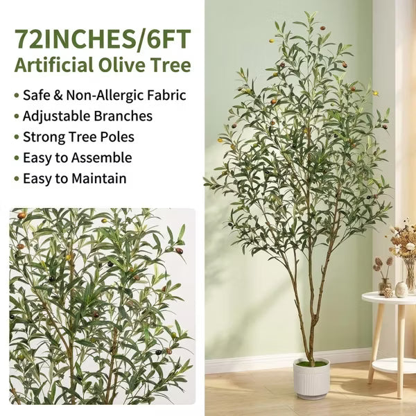6FT Artificial Olive Tree Tall Faux Olive Trees Indoor with Planter&Cotton Basket, Artificial Plants with Natural Wood Trunk and Lifelike Fruits
