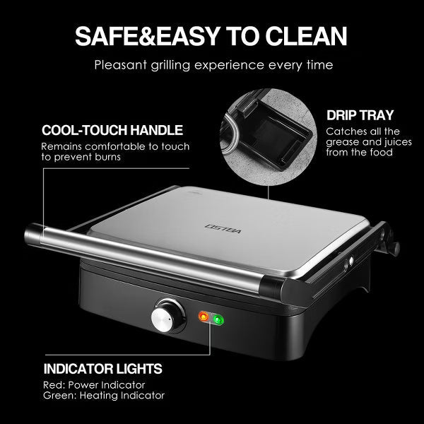 OSTBA Panini Press Grill, 4-Slice, Non-Stick, Adjustable Temperature, Opens 180, Removable Drip Tray, 1200W