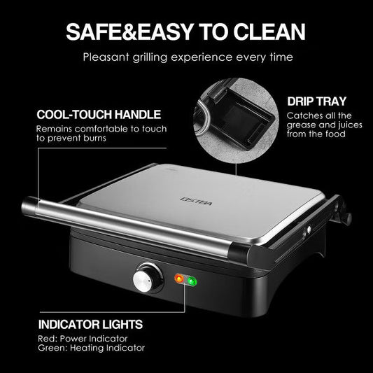 OSTBA Panini Press Grill, 4-Slice, Non-Stick, Adjustable Temperature, Opens 180, Removable Drip Tray, 1200W