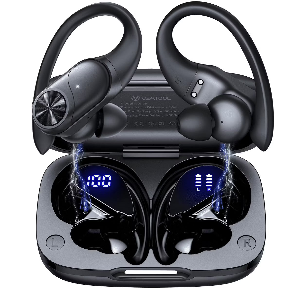 VEATOOL V6 Bluetooth Headphones Wireless Earbuds 88Hrs Playback Sport Ear Buds with Earhook Digital Display Charging Case