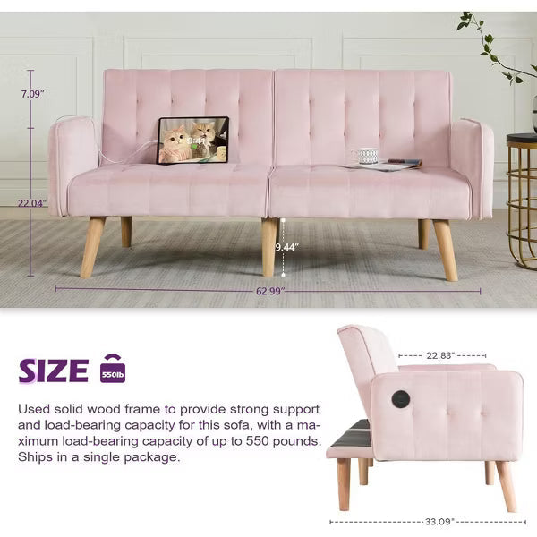 TYBOATLE 65" Convertible Pink Velvet Futon Sofa Bed, Modern Upholstered Couch with USB, Folding Loveseat for Bedroom, Apartment, Office,Pink