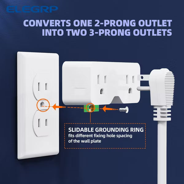 ELEGRP 2 Prong to 3 Prong Grounding Adapter Plug, Outlet Extender Wall Tap, Outlet Extender with 2 AC Outlets ETL Listed, White, 1 Pack