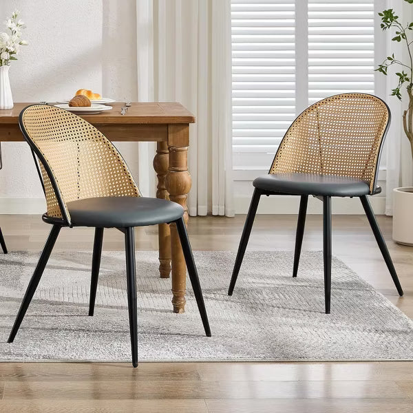 TYBOATLE Rattan Dining Chairs Set of 4, Black Mid-Century Modern Chairs with Faux Leather Cushion & Adjustable Foot Pads for Kitchen or Dining Room