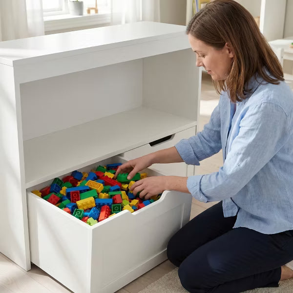 White Kids Storage Organizer – 2-in-1 Bookcase & Toy Cabinet with Display Shelves and Storage Bins for Bedroom, Playroom & Nursery Organization