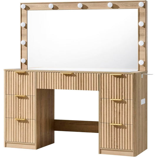 AMERLIFE Makeup Vanity Desk with Mirror & LED Lights, Drawers, Tempered Glass Top, Charging Station, Modern Bedroom Dressing Table