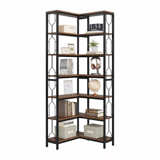 Lirago,23.62"L*23.62"W*78.74"H, 7-Tier Industrial Corner Bookshelf - Hexagonal Metal Frame Etagere with Side Rails