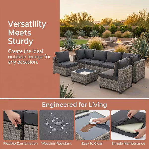 7 Pieces Wicker Outdoor Patio Furniture Set, Patio Sectional Sofa with Coffee Table, All-Weather Outdoor Sectional Furniture for Garden Backyard
