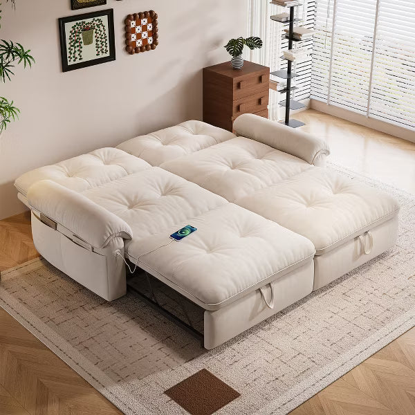 77" Cloud-Fabric Pull Out Sleeper Sofa, 2-in-1 Convertible Loveseat Bed with Storage Pockets - Ivory Cream