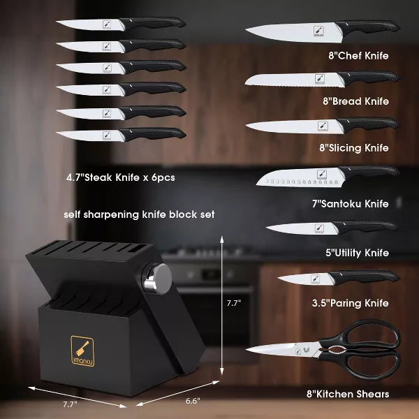 imarku Knife Set with Block, Built-in Sharpener, Stainless Steel Kitchen Knife Set with Non-Slip Ergonomic Handle, Dishwasher Safe, Best Gifts,14 PCS