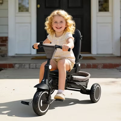 TODECARE Kids Tricycle, 7-in-1 Folding Trike with Adjustable Push Handle, Canopy & 1-Step Brake, Khaki