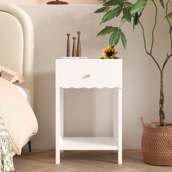 Modern White Nightstand with Scalloped Edge – 2-Tier Bedside Table with Drawer and Open Shelf, Cute Minimalist Storage for Girls' Room & Bedroom