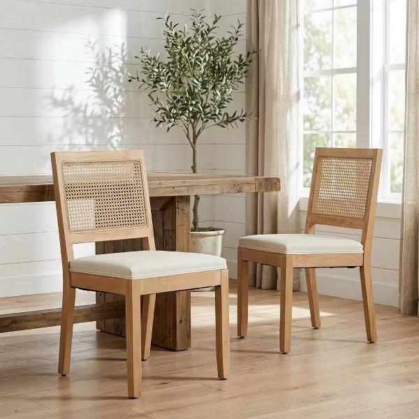 Modern Farmhouse Rattan Dining Chairs Set of 2 - Mid Century Cane Upholstered Kitchen Chairs, Natural Wood Frame
