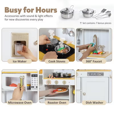 TODECARE Wooden Pretend Play Kitchen Set for Kids with Microwave oven, Ice Maker and Oven, White