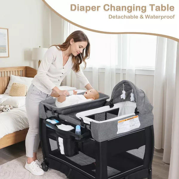 Kinder King 4-in-1 Convertible Baby Playard with Bassinet, Diaper Changer, Cradle&Bedside Sleeper, Breathable Mesh, Storage Organizer&Lockable Wheels