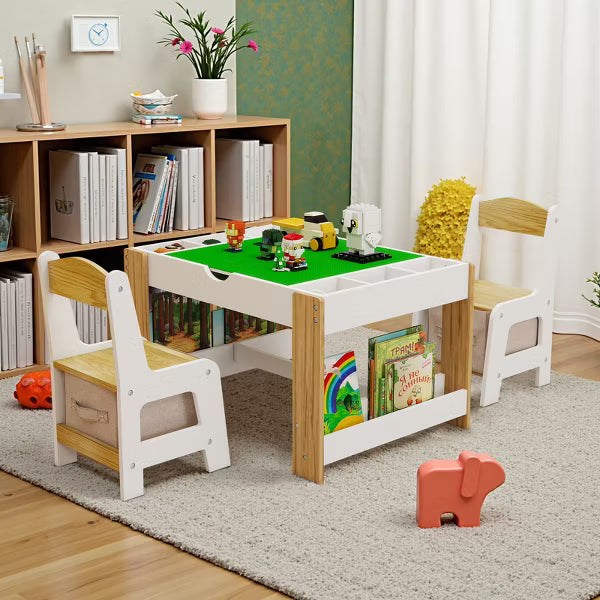 JVNOXK-Kids2in1Play Table Chair Set, LEGO-Compatible Drawing Table with7 Storage Compartments, Includes 2 Chairs,Multifunctional Learning Desk-White