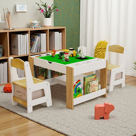 JVNOXK-Kids2in1Play Table Chair Set, LEGO-Compatible Drawing Table with7 Storage Compartments, Includes 2 Chairs,Multifunctional Learning Desk-White