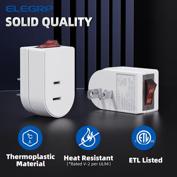 ELEGRP 15 Amp 125-Volt 3 Prong Grounded Single Outlet Adapter Plug with Red Indicator On/Off Switch, White( 4-Pack)