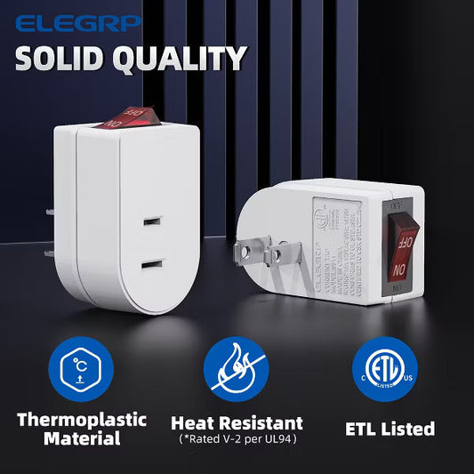 ELEGRP 15 Amp 125-Volt 3 Prong Grounded Single Outlet Adapter Plug with Red Indicator On/Off Switch, White( 4-Pack)