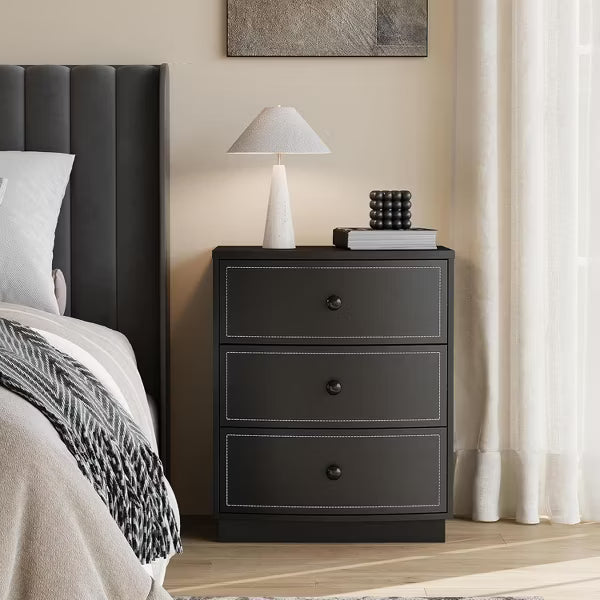 TYBOATLE Nightstand Small Dresser, Modern Black 3 Drawers Nightstand, Wooden Storage Dresser with Faux Leather Finish,Black