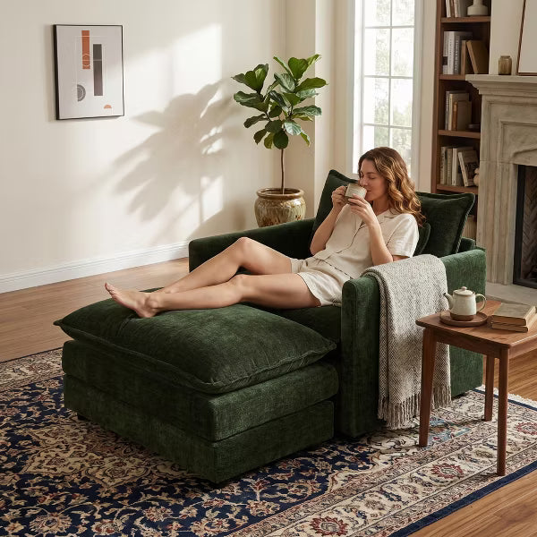Comfy Deep Single Seat Chenille Sofa with Movable Ottoman, Modern Upholstered Reading Accent Chair & Footstool Set, Dark Green