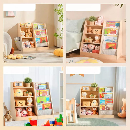 FONTOI Kids Bookshelf, Book Shelf with Side Pocket, 4 Tier Sling Bookcase Toy Organizer Toddler Nursery Book Shelves, Brown, 35.4"x 15.7" x 31.5"